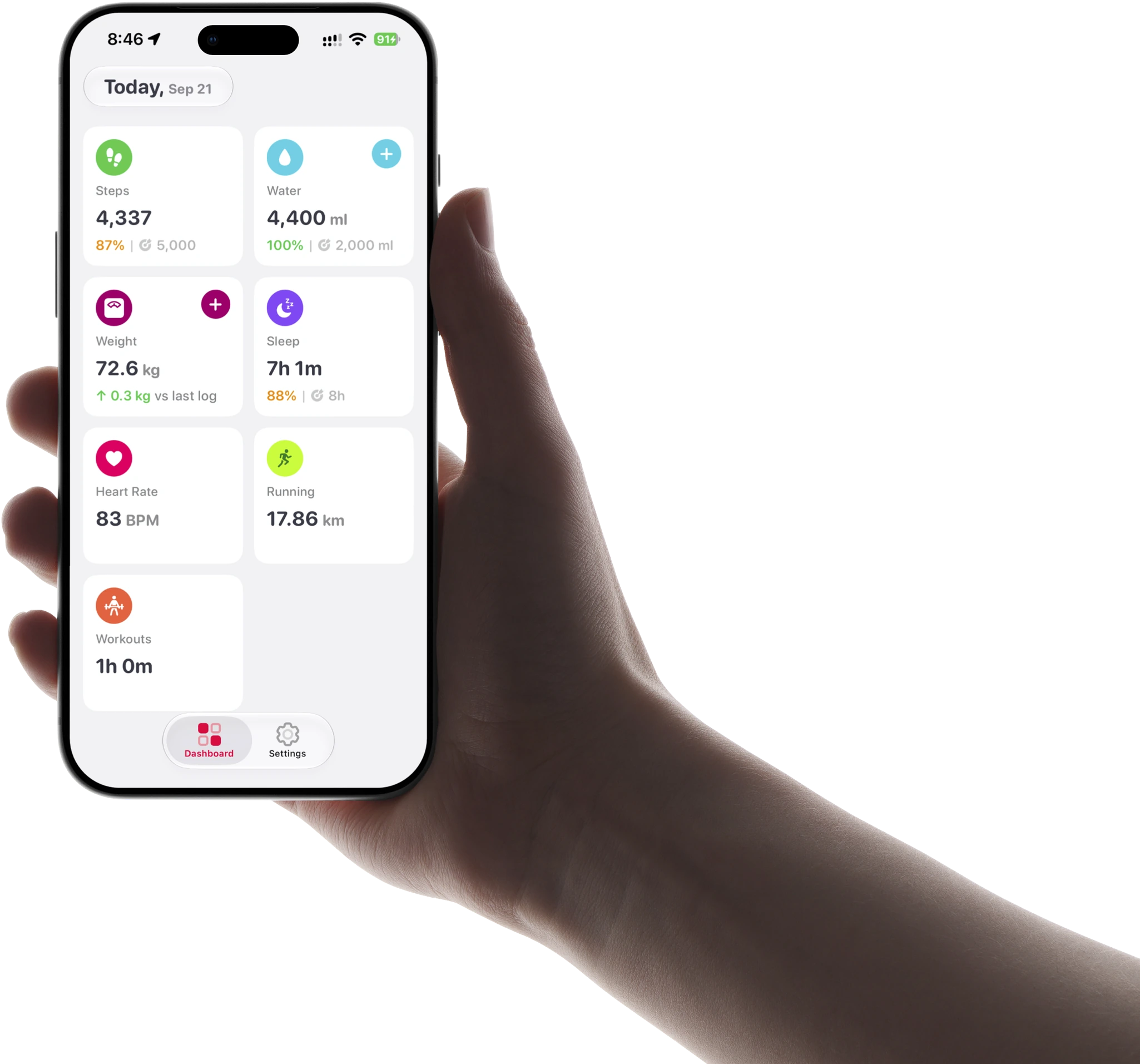 Hand holding iPhone with Health Connect dashboard