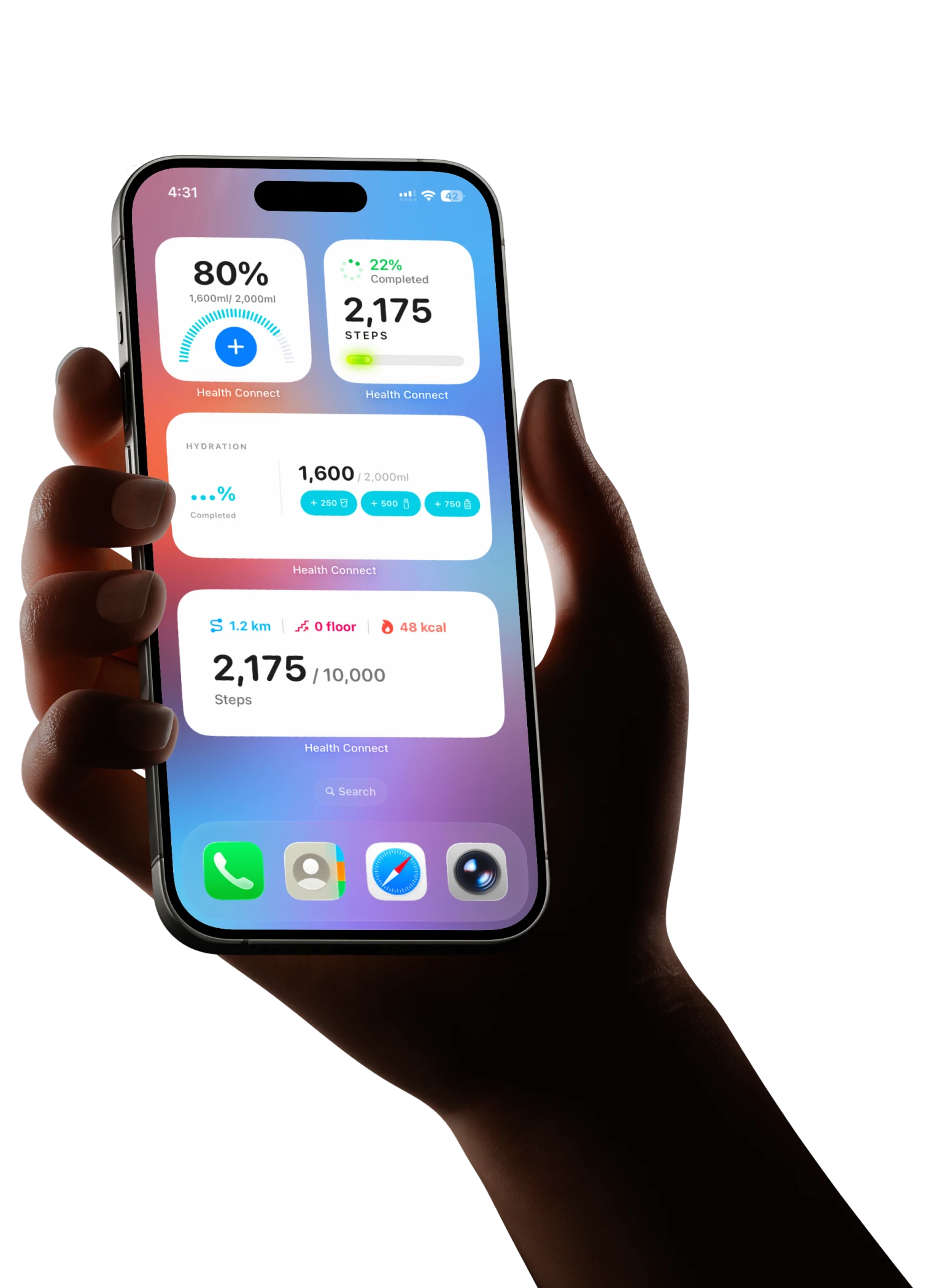 Hand holding iPhone with Health Connect widgets